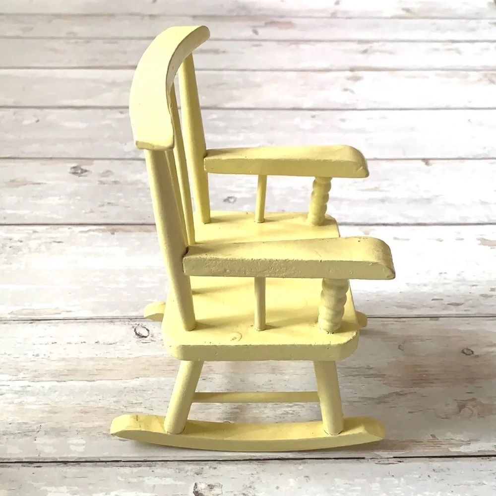 Miniature Wooden Rocking Chair Yellow Doll Furniture Decor 7.5in Tall